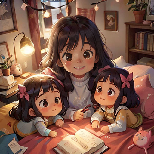 a woman and two children sitting on a bed with a book in front of them and a cat on the bed