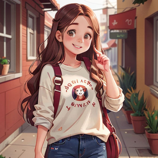 a girl with long hair and a backpack is walking down the street with a backpack on her shoulder and a backpack on her shoulder