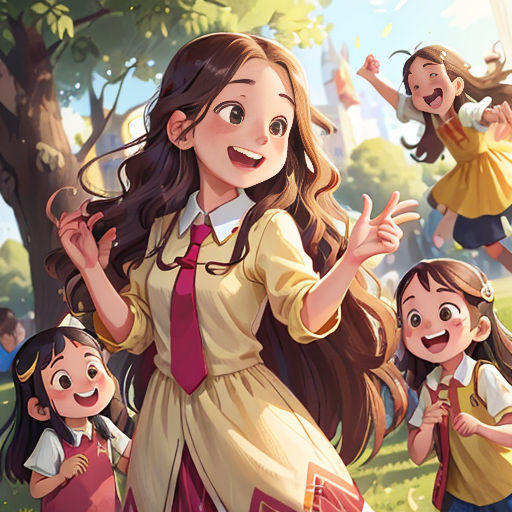 a group of children standing next to each other in a park with trees and grass in the background and a woman in a yellow dress