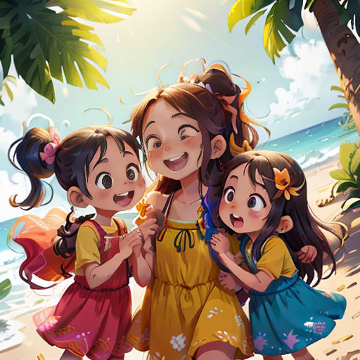 a group of three girls standing next to each other on a beach near the ocean and palm trees and a beach