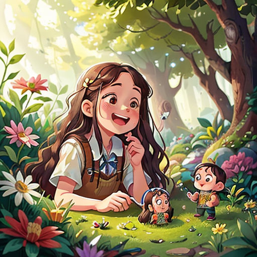 a girl and a boy are sitting in the woods with flowers and trees around them, and a girl is looking at the ground