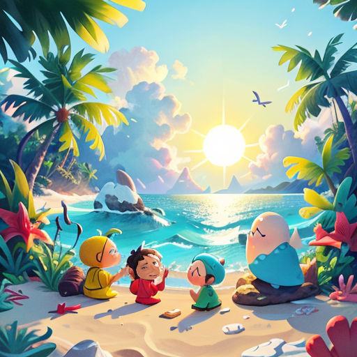 a cartoon scene of a family sitting on the beach with a bird flying overhead and a bird flying overhead
