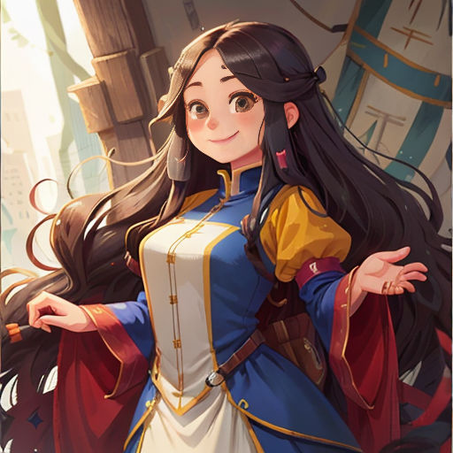 a woman in a blue and yellow dress with long hair and a red cape on her head, standing in front of a city