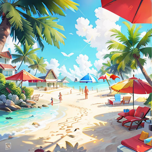 a painting of a beach with people and umbrellas on it, and a beach chair and umbrella in the foreground