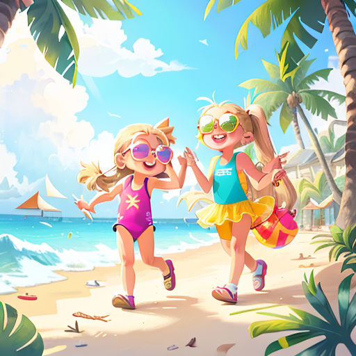 two girls running on the beach with a beach ball in hand and a sailboat in the background, with palm trees and a blue sky