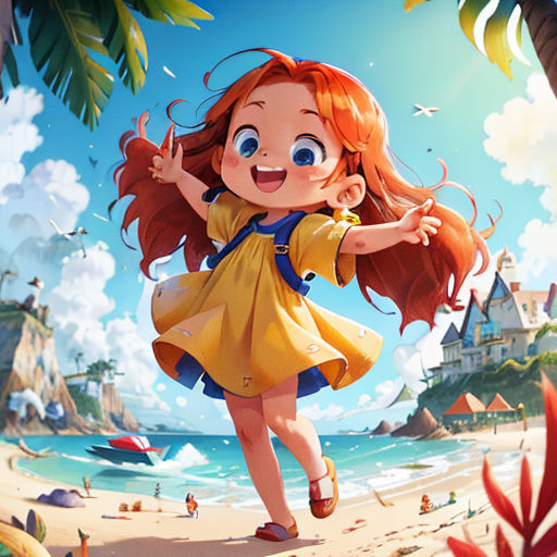 a girl is running on the beach with a suitcase in her hand and a castle in the background, with a bird flying overhead