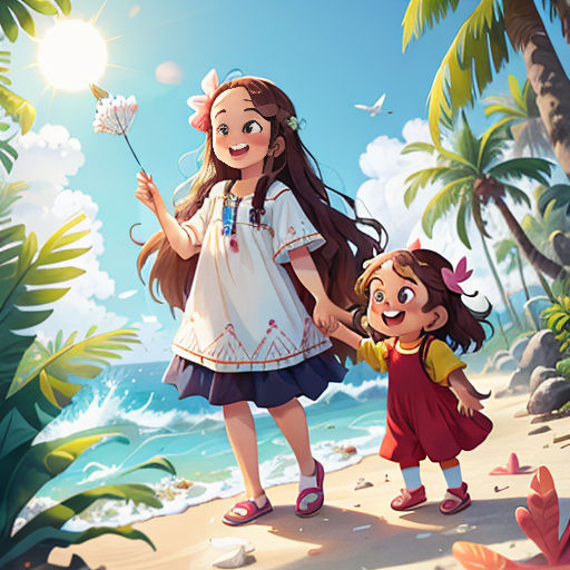 a girl and a girl holding hands on a beach with palm trees and a seagull in the background