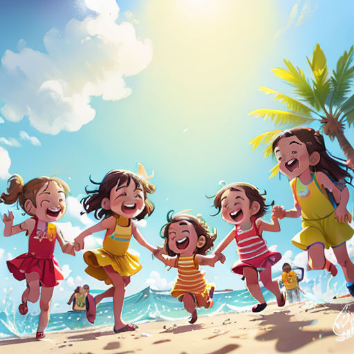 a group of children running on a beach with a palm tree in the background and a sun shining in the sky