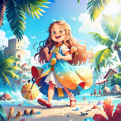 a girl in a dress is walking on the beach with an umbrella and a starfish in her hand