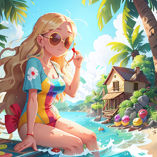 a girl sitting on a surfboard in the water with a house in the background and a beach in the foreground