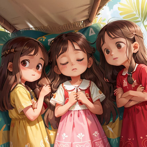 three little girls standing next to each other in front of a wall with flowers on it and a blue sky