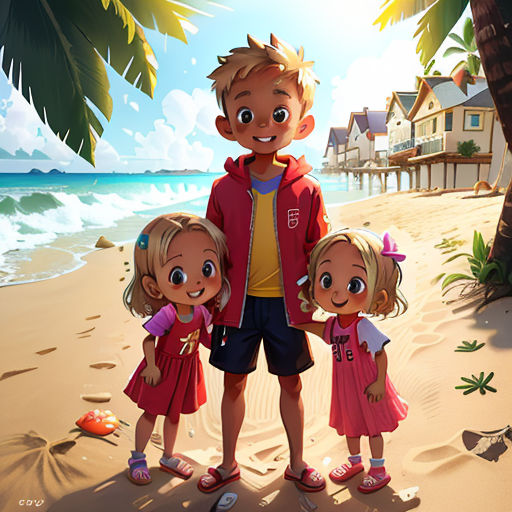 a man and two children standing on a beach next to a palm tree and a house on the shore