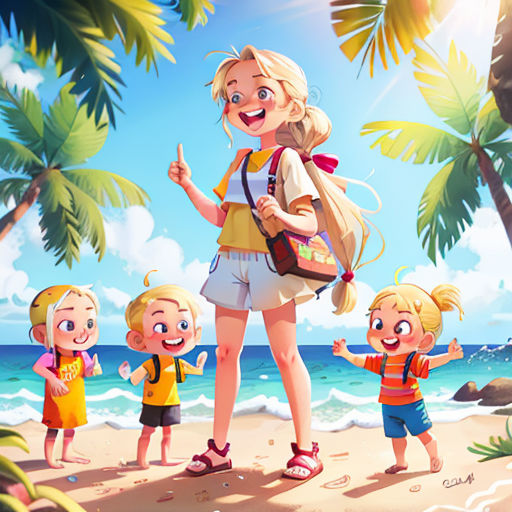 a woman with a backpack standing on a beach with three children and a dog in front of her and palm trees