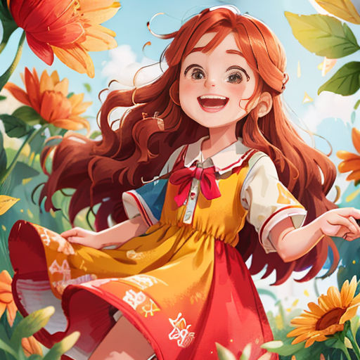 a girl in a yellow dress standing in a field of flowers with her arms out and smiling at the camera