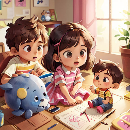 a group of children sitting around a table with a stuffed animal and a drawing book on it's table