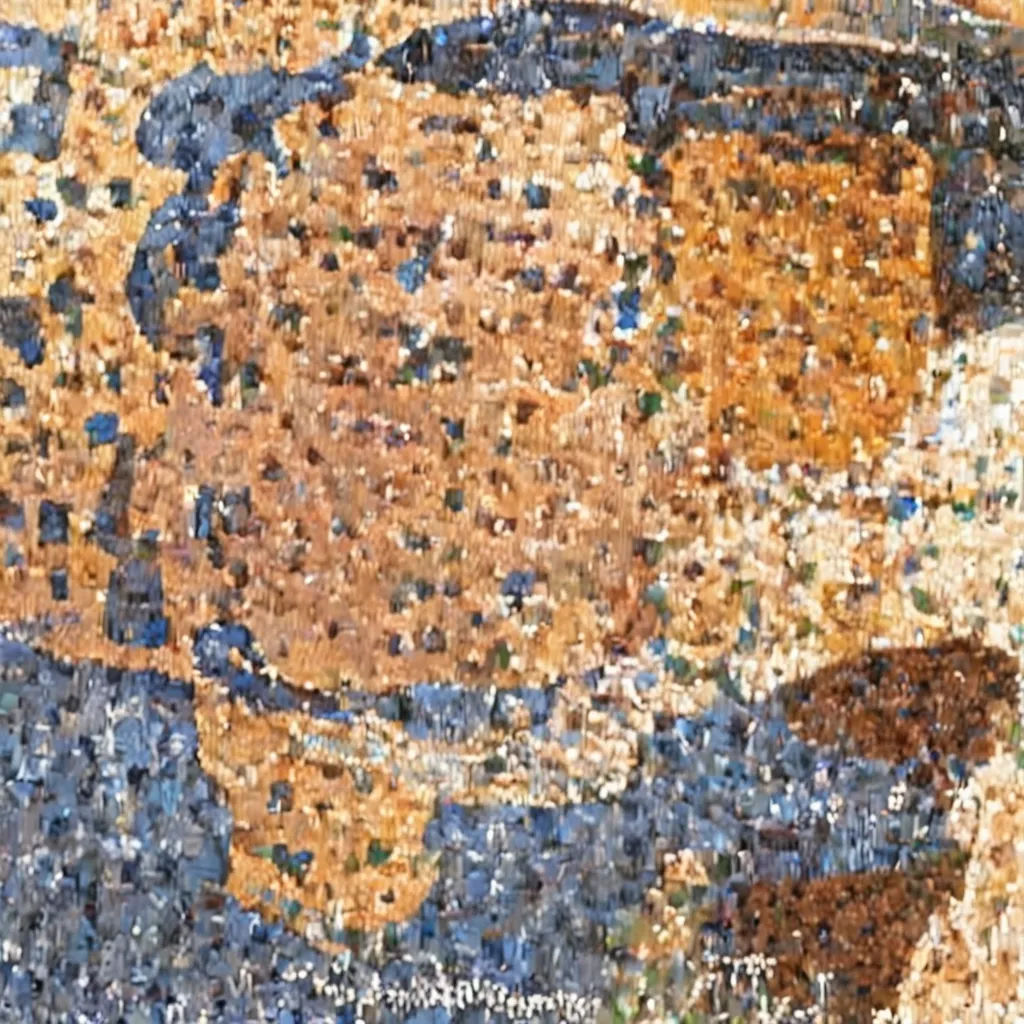 a mosaic of a man and a woman walking down a street with a dog in front of them and a building in the background, pointillism, a mosaic, Cimabue, detail
