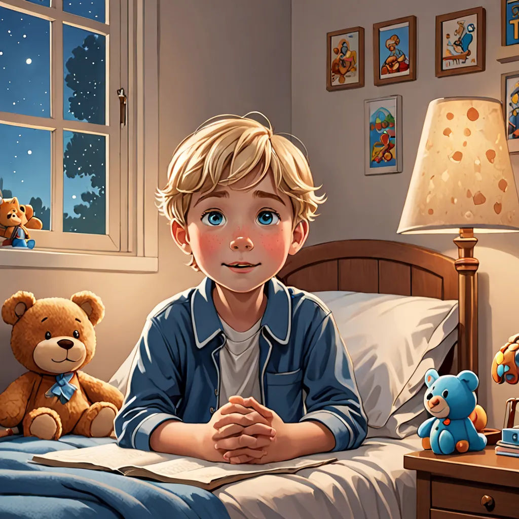a boy sitting in bed with a teddy bear and a teddy bear lamp on the nightstand next to him, american scene painting, a storybook illustration, Aaron Jasinski, storybook illustration