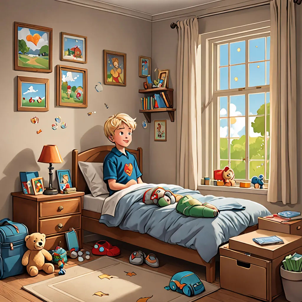 a boy sitting on a bed in a bedroom with a teddy bear and a teddy bear toy on the floor, photorealism, a storybook illustration, Chris LaBrooy, storybook illustration
