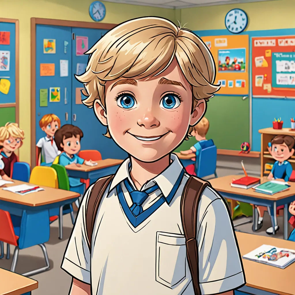 a boy in a classroom with a backpack on his shoulder and a clock in the background with a smiling face, paris school, a character portrait, Cedric Seaut (Keos Masons), official art