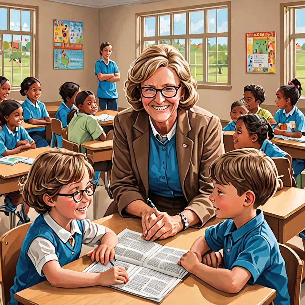 a woman sitting at a desk with children in a classroom behind her and a book in front of her, american scene painting, a storybook illustration, Constance Copeman, high detail illustration
