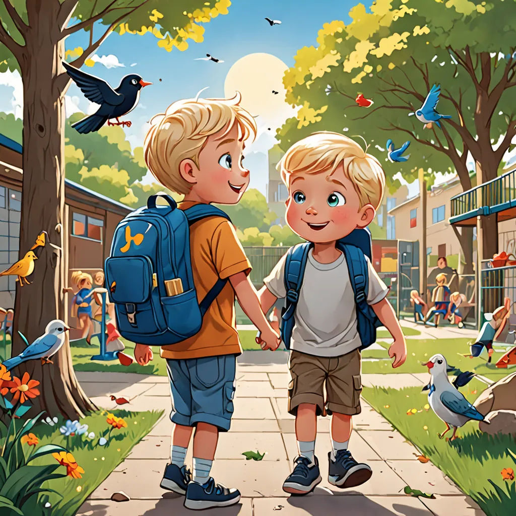 two children are walking down a sidewalk with a backpack on their back and birds flying around them in the background, paris school, a storybook illustration, Brothers Hildebrandt, storybook illustration