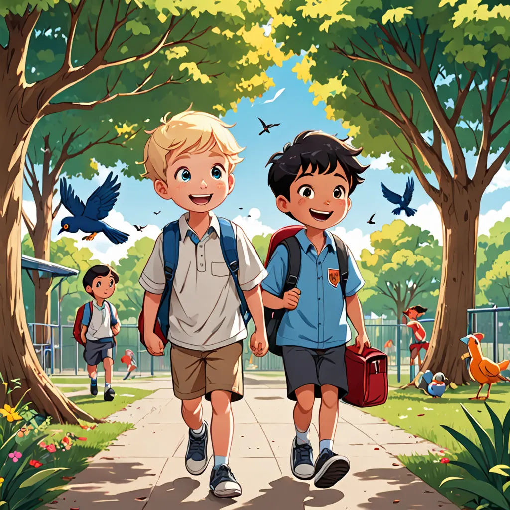 two boys walking down a path with backpacks on their backs and birds flying overhead in the background of a park, paris school, a storybook illustration, Diego Gisbert Llorens, official art