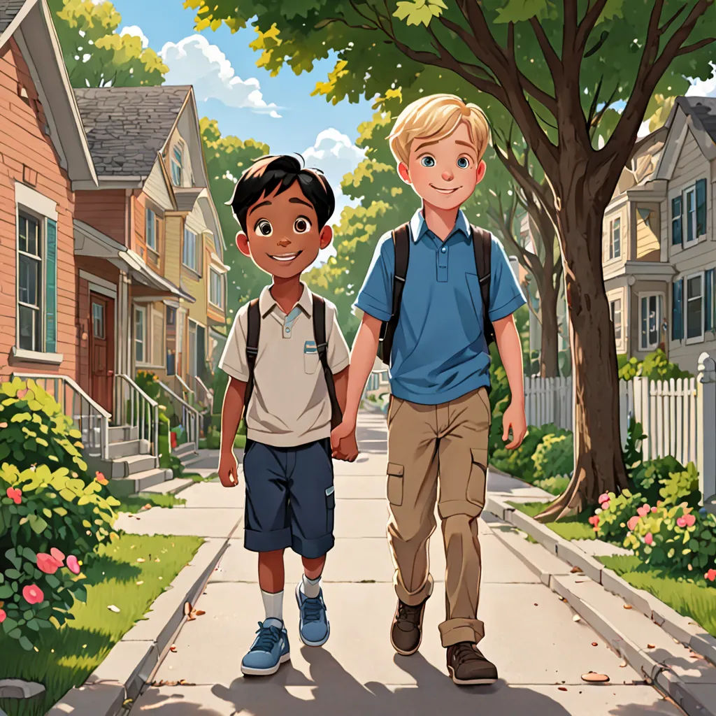 two young boys walking down a sidewalk holding hands in front of a tree and houses in the background with a dog, american scene painting, a storybook illustration, Brothers Hildebrandt, official art
