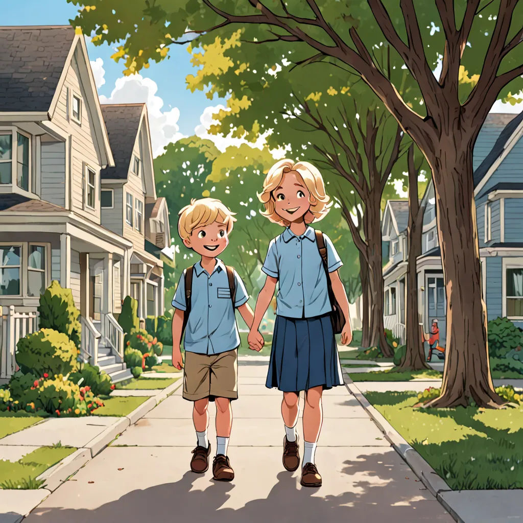 a couple of kids walking down a street holding hands and smiling at the camera, with houses in the background, american scene painting, a comic book panel, Charles Schulz, official art