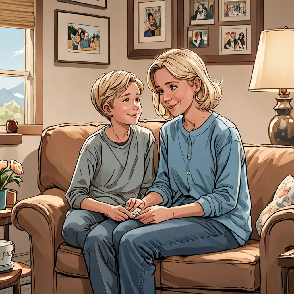 a woman and a child sitting on a couch in a living room together, with pictures on the wall, american scene painting, a comic book panel, Evan Charlton, graphic novel