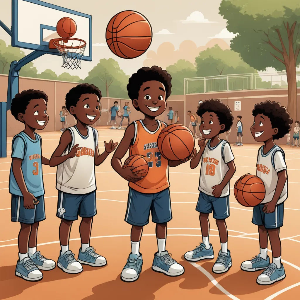 a group of young boys standing on top of a basketball court holding basketballs in their hands and smiling, harlem renaissance, a storybook illustration, Chris LaBrooy, storybook illustration