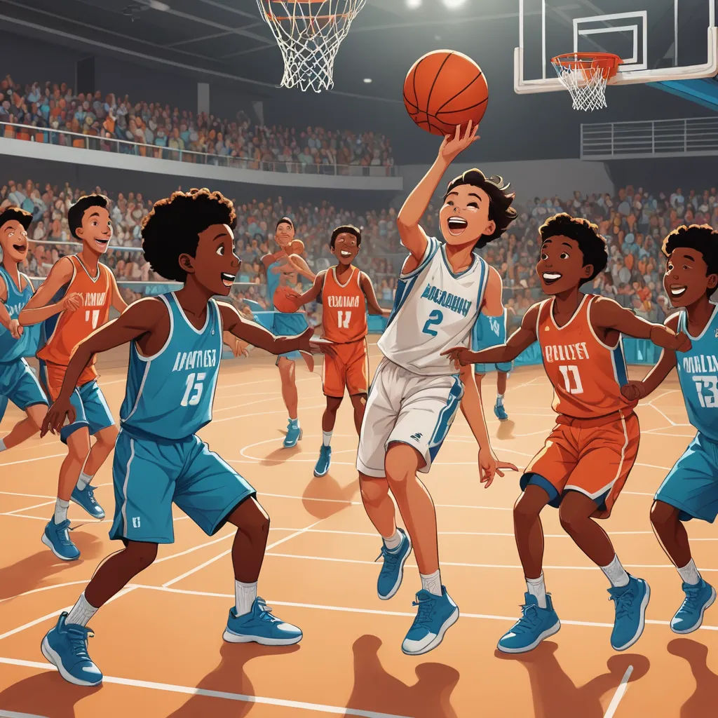a group of young men playing a game of basketball on a court with a crowd watching them from the stands, american scene painting, a storybook illustration, Chris LaBrooy, high detail illustration