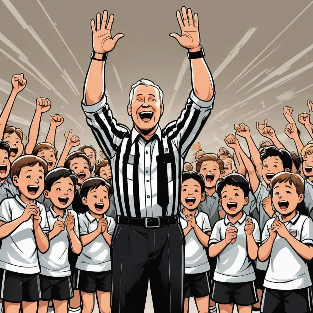 a referee standing in front of a group of children with their hands up in the air and their hands raised, incoherents, a storybook illustration, Dennis Ashbaugh, laurie greasley