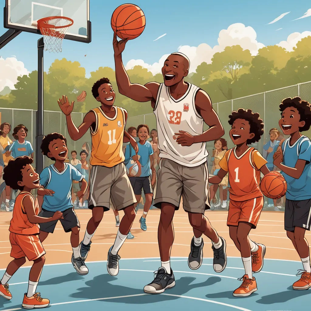 a group of young men playing basketball on a court with a crowd watching them from the sidelines of a court, process art, a storybook illustration, Chris LaBrooy, storybook illustration
