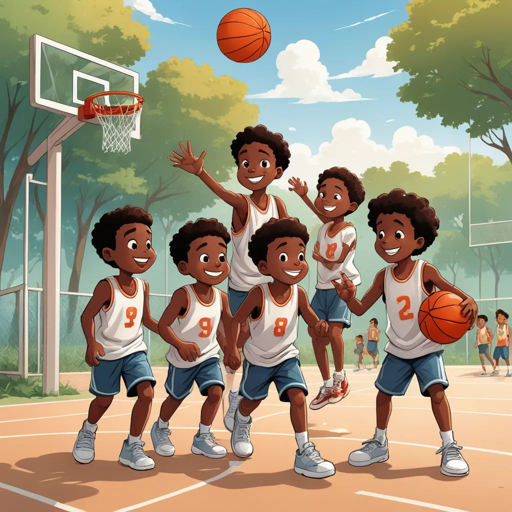 a group of young boys playing basketball on a court with a basket ball in the air above them and a basketball hoop in the air, process art, a storybook illustration, Allan Brooks, 2 d game art