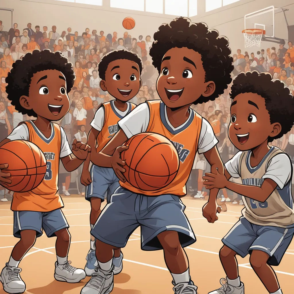 a group of young boys playing basketball in a gymnasium with an audience watching them from the stands and holding a ball, harlem renaissance, concept art, Allan Brooks, comic cover art