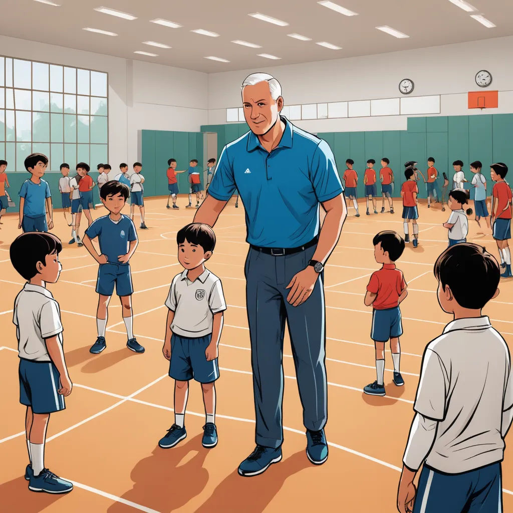 a man standing in front of a group of children on a tennis court with a coach in the background, process art, a storybook illustration, Adam Manyoki, digital illustration