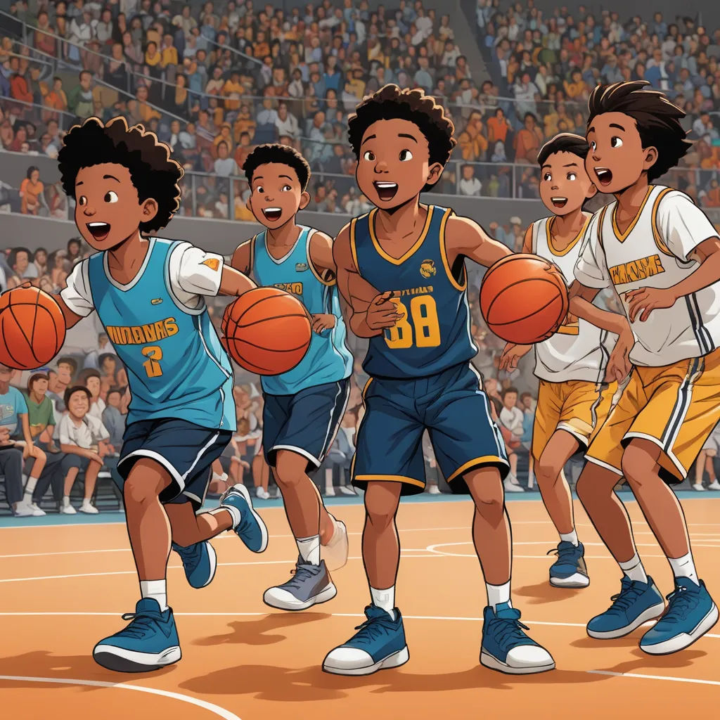 a group of young men playing a game of basketball on a court with a crowd watching them from the stands, harlem renaissance, concept art, Chris LaBrooy, official art