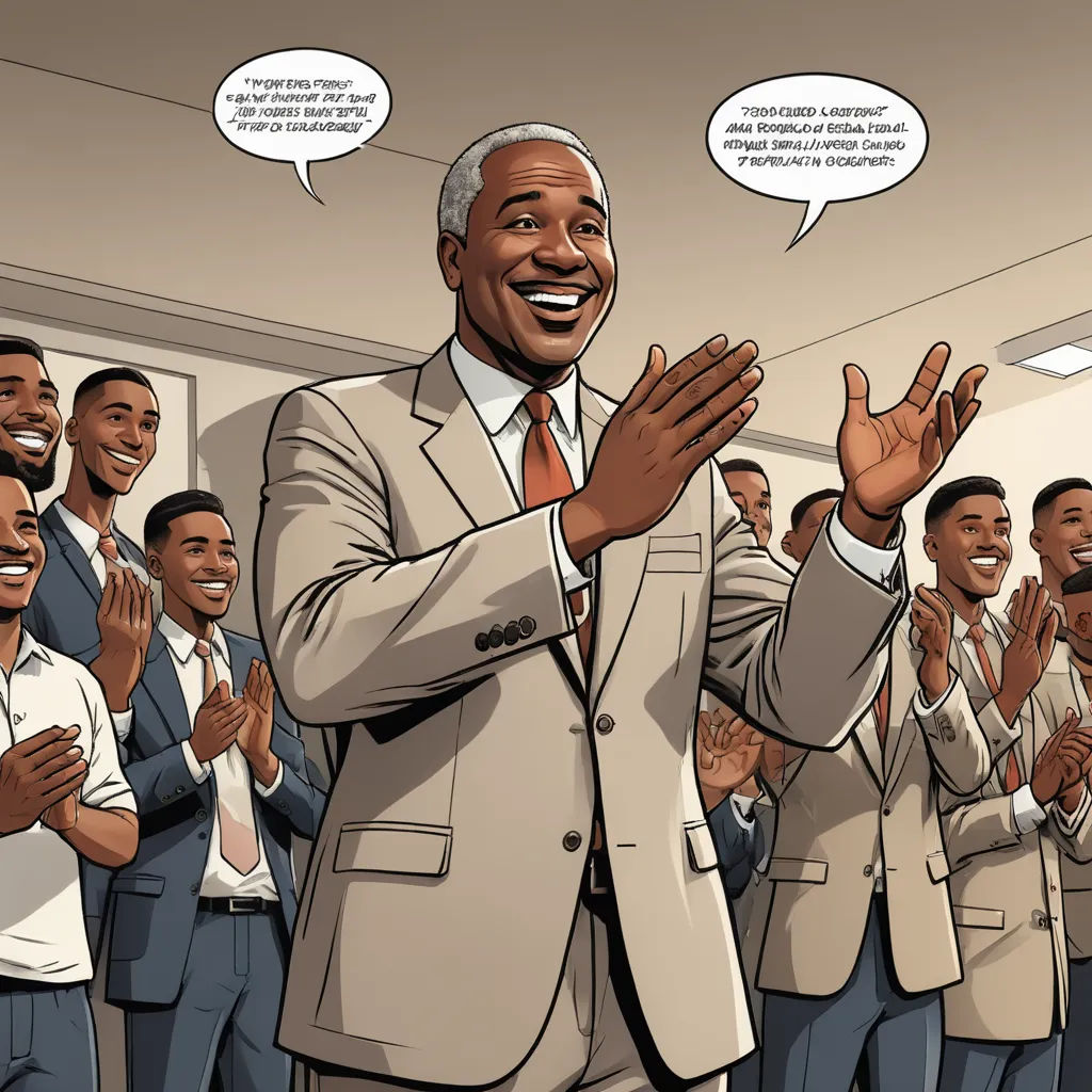 a cartoon of a man in a suit and tie clapping with his hands up in front of him and a group of men in suits, harlem renaissance, a comic book panel, Allan Brooks, graphic novel