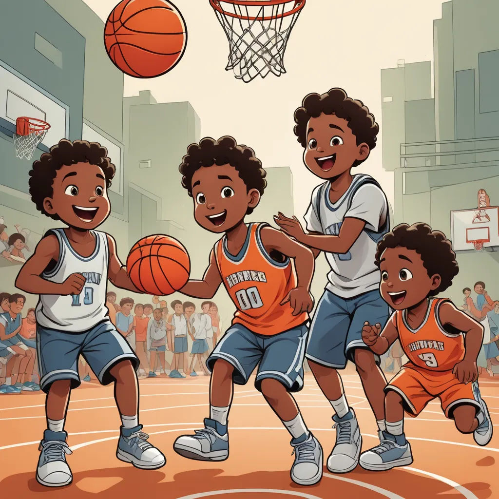 a group of young boys playing basketball on a court with a crowd watching them from the stands watching the ball, process art, a storybook illustration, Chris LaBrooy, comic cover art