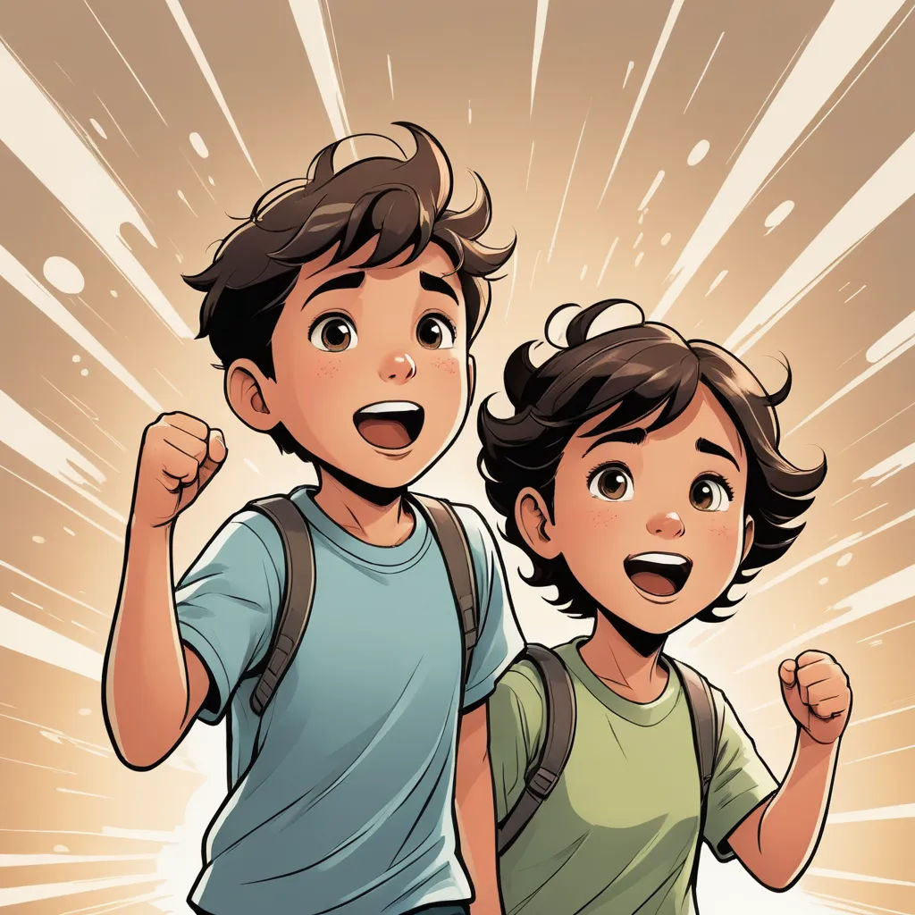 a boy and a girl are running together and smiling at the camera with a burst of light behind them, process art, a comic book panel, Brothers Hildebrandt, comic cover art