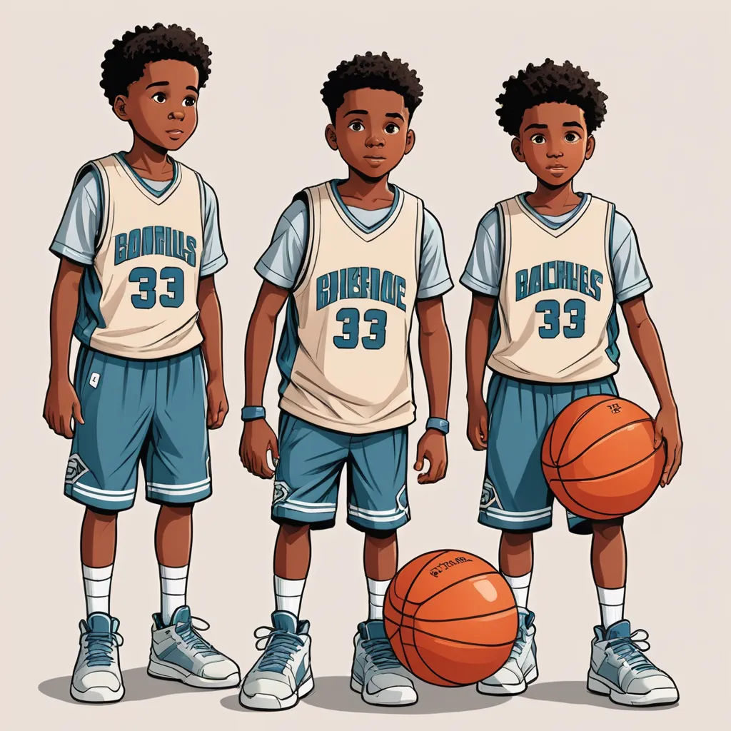 three young boys in basketball uniforms holding a basketball ball and a basketball ball on a white background with a light blue bottom, process art, concept art, Everett Warner, comic cover art