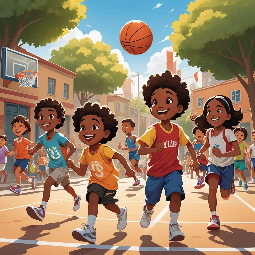 a group of kids playing basketball in a court with a ball in the air above them and a basketball hoop above them, harlem renaissance, a storybook illustration, Chris LaBrooy, official art
