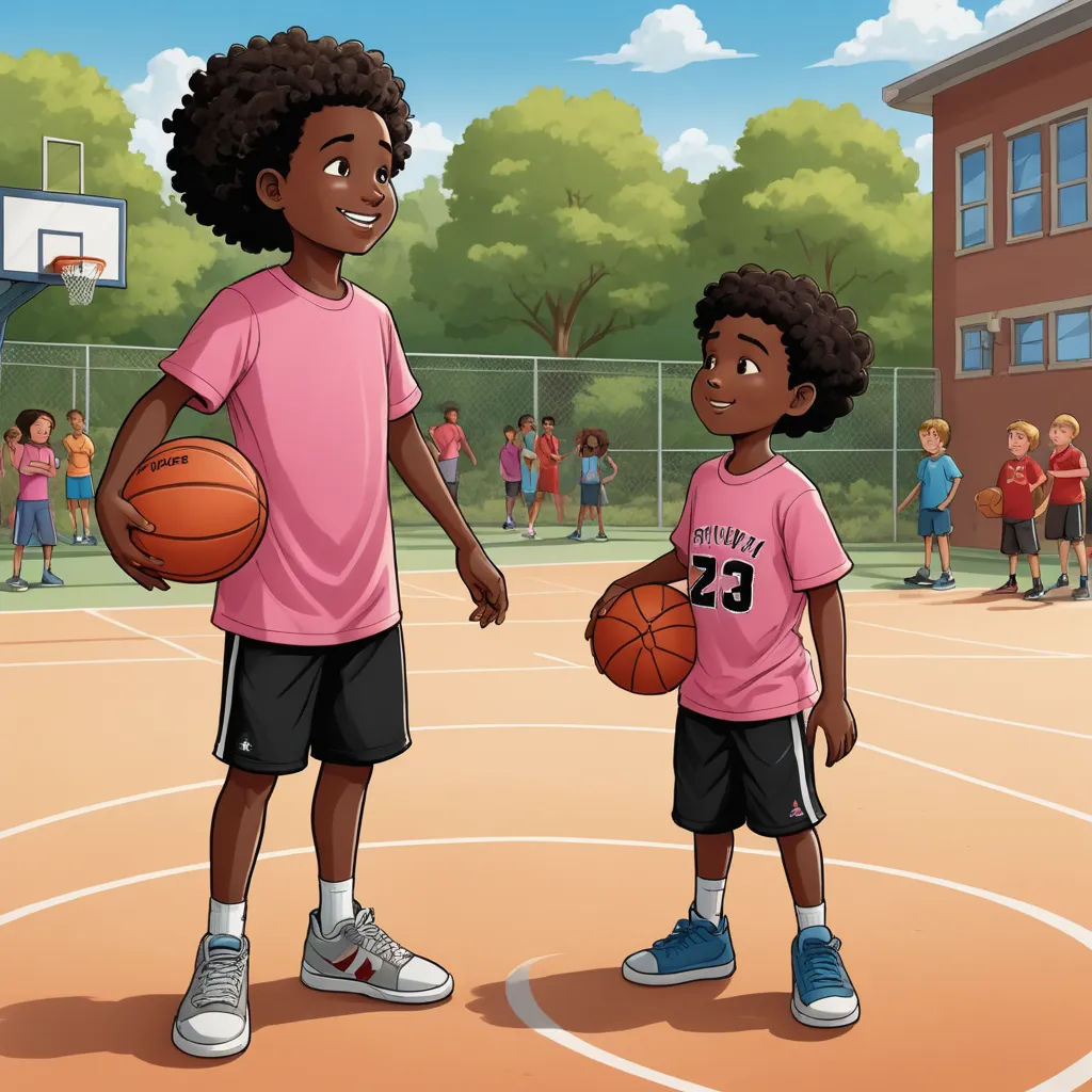 a boy and a girl holding basketballs on a basketball court with a crowd of people watching them from the stands, american scene painting, a storybook illustration, Allan Brooks, storybook illustration