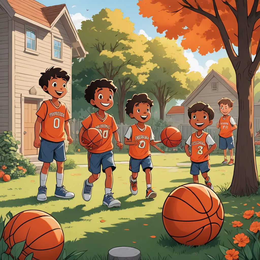 a group of kids playing basketball in a yard with a tree and a house in the background with orange leaves, american scene painting, a storybook illustration, Chris LaBrooy, official art