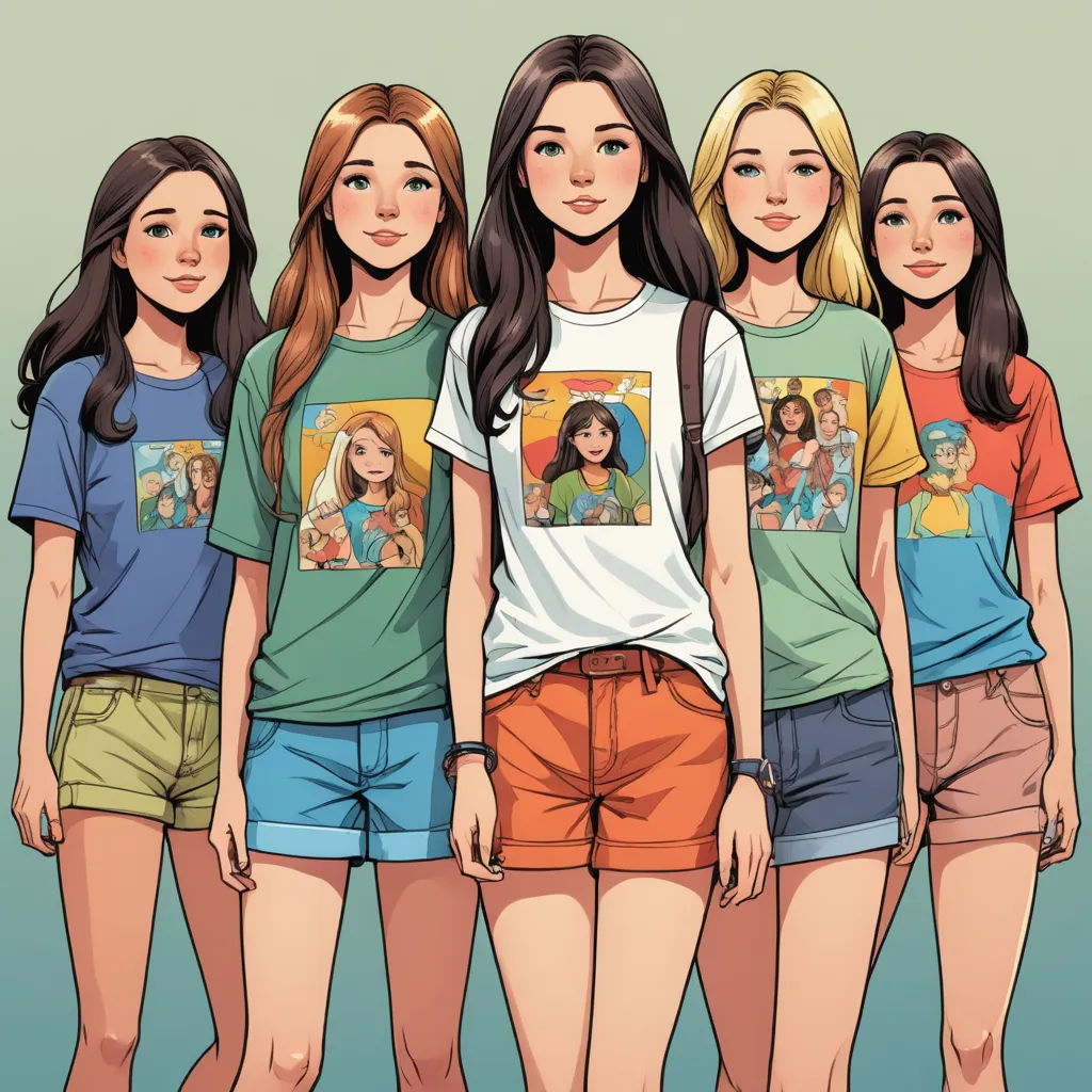 a group of girls standing next to each other wearing t - shirts with pictures on them and shorts on, figurativism, a comic book panel, Artgerm, comic cover art