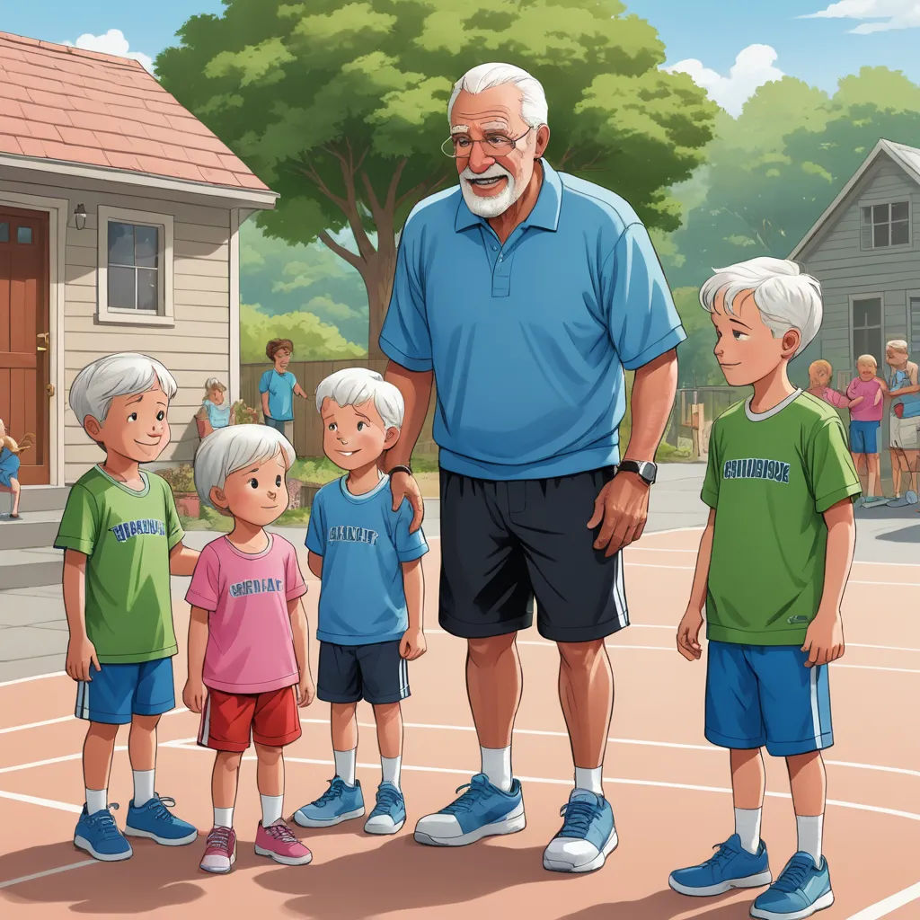 a man standing with five children on a tennis court in front of a house with a crowd of people, antipodeans, a storybook illustration, Art Fitzpatrick, ultra realistic illustration