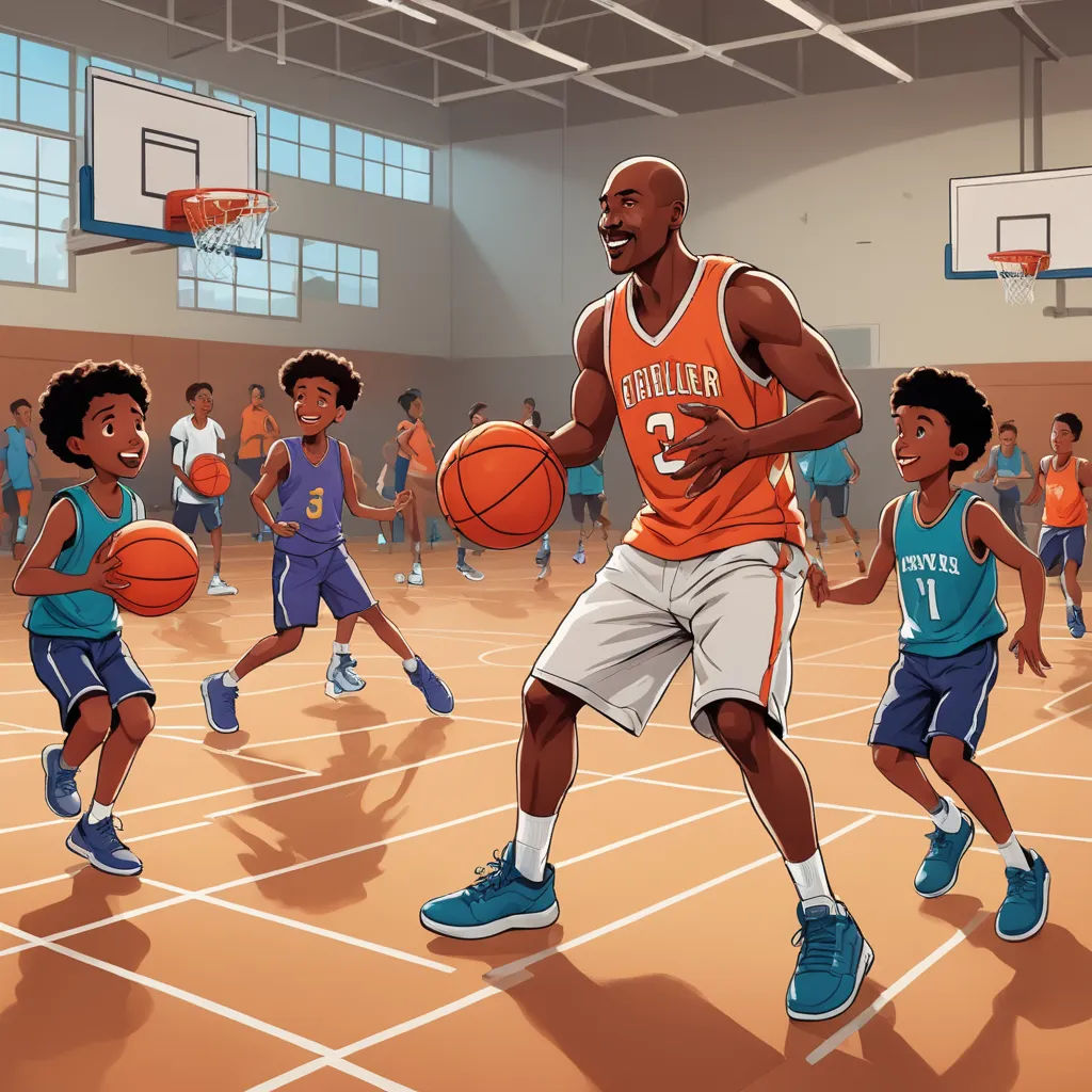 a man in an orange jersey is playing basketball with other kids in blue and orange uniforms on a basketball court, harlem renaissance, a storybook illustration, Allan Brooks, 2 d game art