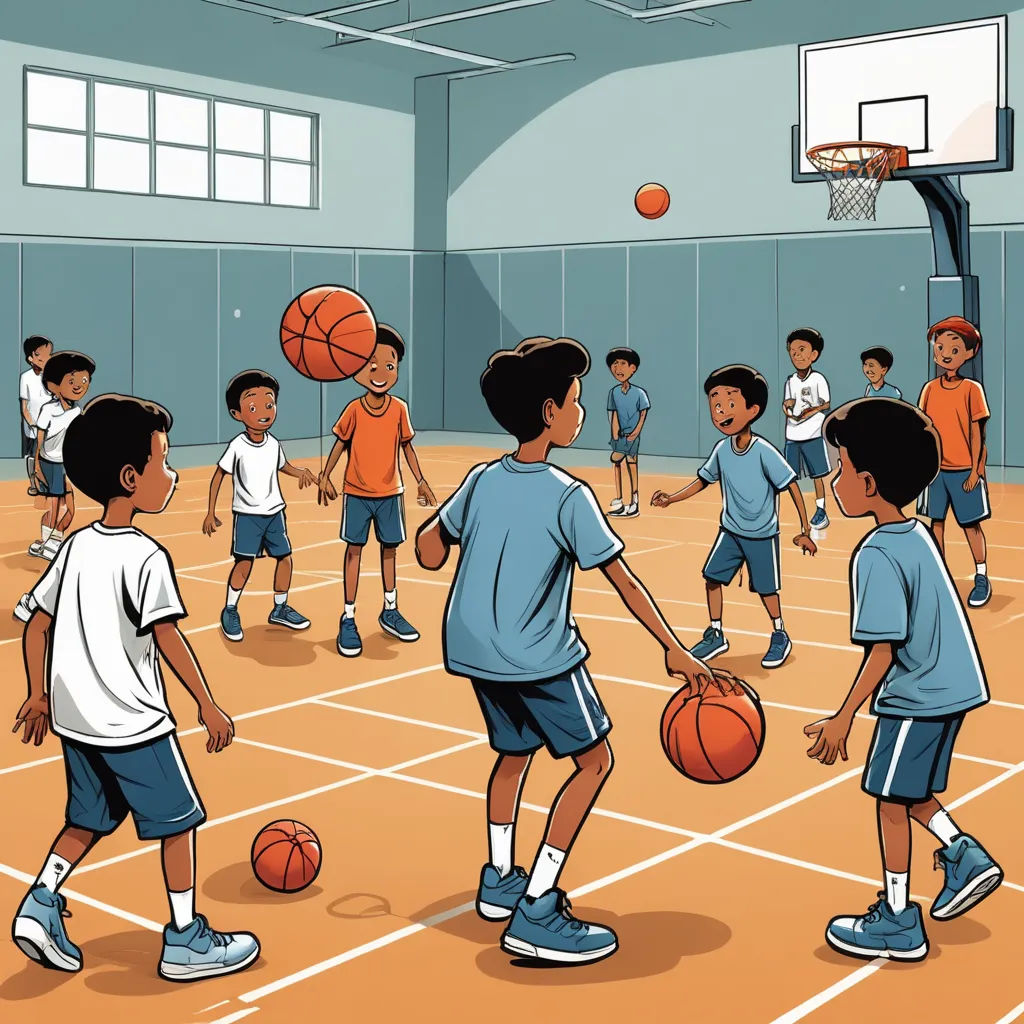a group of young boys playing basketball in a gym with a basketball hoop in the air and a basketball in the air, process art, a storybook illustration, Allan Brooks, detailed illustration