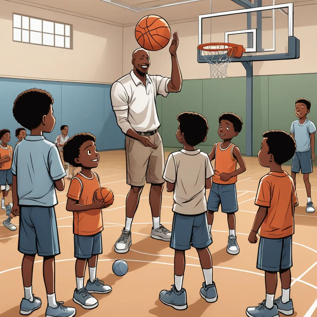 a man is playing basketball with a group of children in a gym with a basketball hoop on the wall, harlem renaissance, a storybook illustration, Allan Brooks, storybook illustration