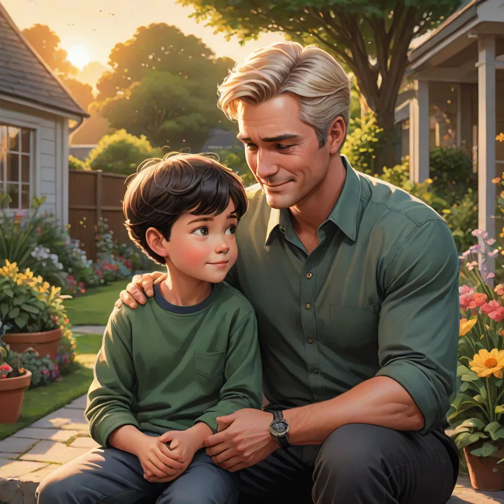 a man and a boy sitting on a bench in front of a garden with flowers and a house in the background, Aaron Jasinski, american scene painting, a storybook illustration, official art